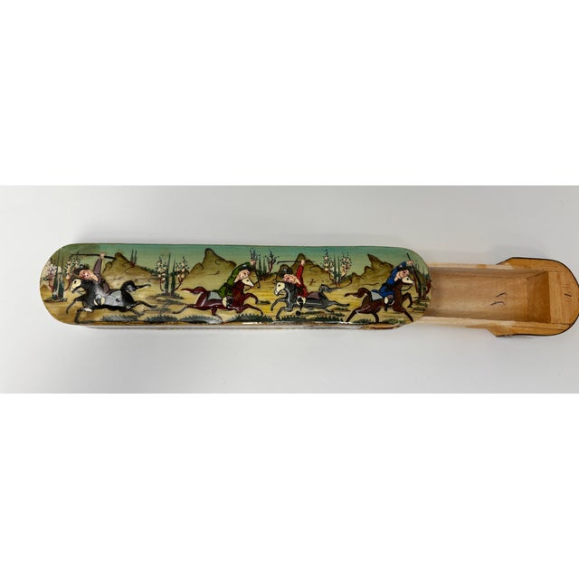 Wood Khatam Marquetry Qalamdan Pen Box With Hand-Painted Equestrian Miniature 1940s For Sale - Image 7 of 13