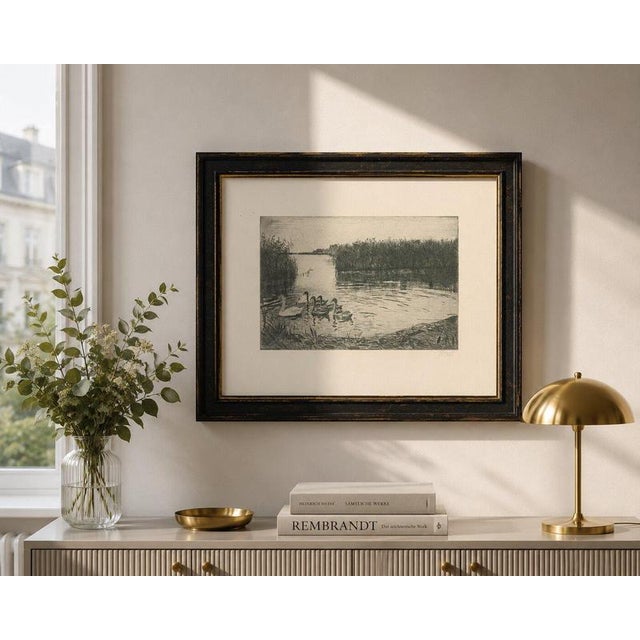 Gold Ernst Kropp, Marsh Landscape with Swans, 1910, Etching For Sale - Image 8 of 9