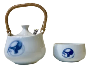 Blue Marmelade and Sugar Bowl in Porcelain and Bamboo by Henning Koppel for Bing & Grondahl, 1960s, Set of 3