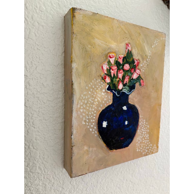 Sweet bold and vibrant bouquet of roses in a deep cobalt blue vase makes this simple rustic painting charming and elegant...