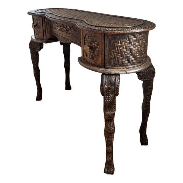 Vintage Ornately Carved Wood Console Table With Basket-Weave Detailing For Sale