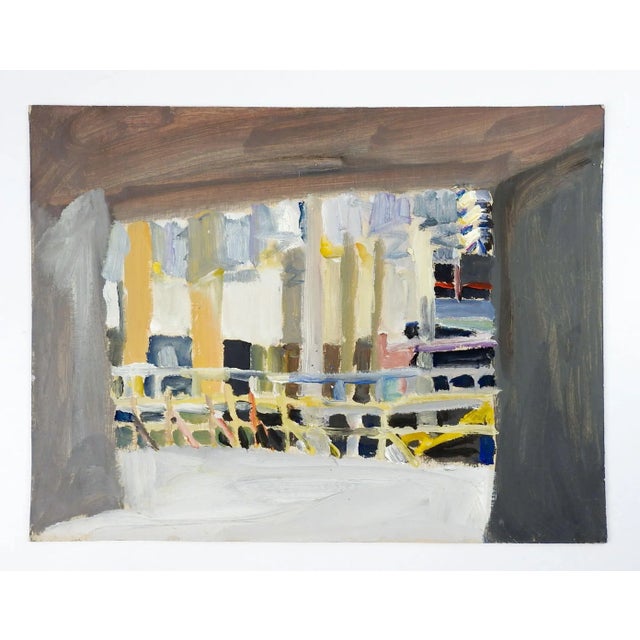 Circa late 20th century matte medium on artist board abstract cityscape view by Marilyn Lanfear (1930-2020) Texas....