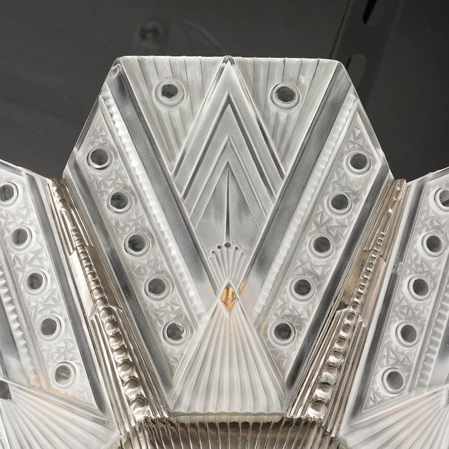 Art Deco Frosted Glass Cubist Geometric Detail & Fluted Chandelier Signed Leleu For Sale - Image 9 of 18