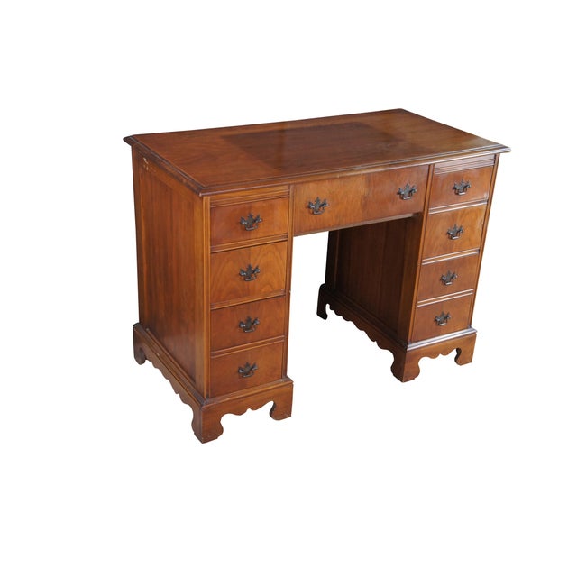 Chippendale 1940s Mid Century English Chippendale Style Walnut Kneehole Typewriter Writing Desk For Sale - Image 3 of 14