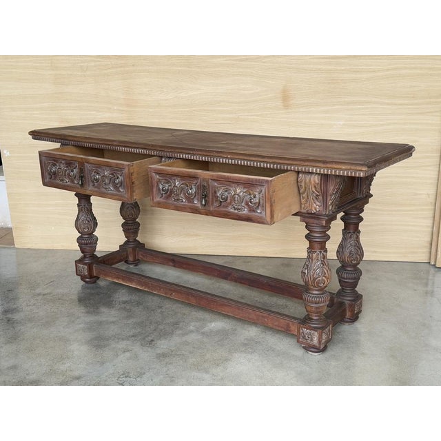 Spanish Carved Walnut Console Table with 3 Drawers, 1900s For Sale - Image 6 of 11
