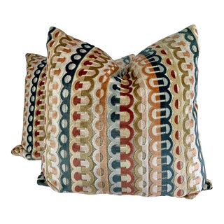 Geometric Cut Velvet Stripe in Multi 22" Pillows-A Pair For Sale
