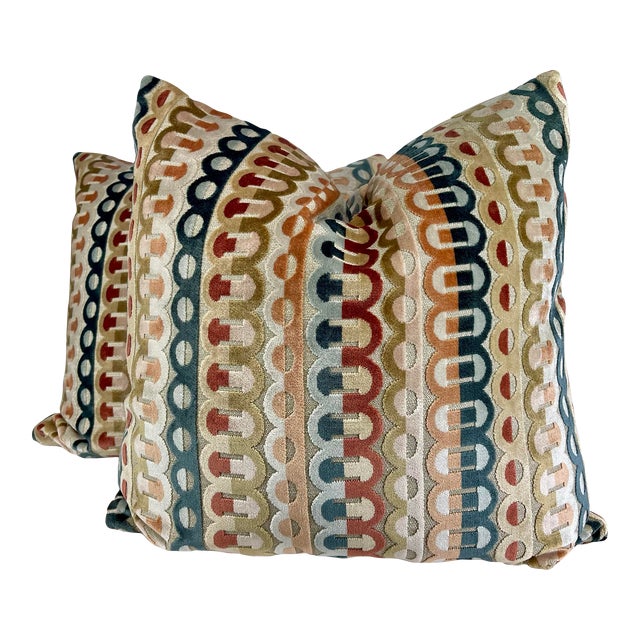 Geometric Cut Velvet Stripe in Multi 22" Pillows-A Pair For Sale