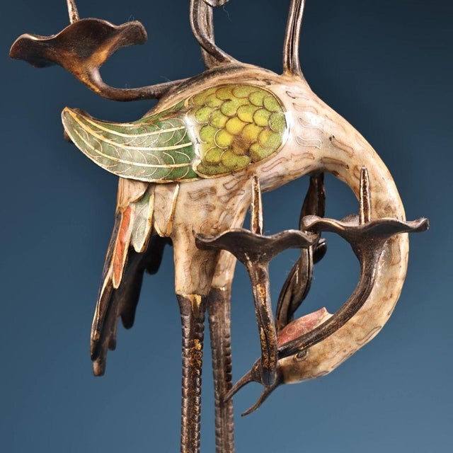 Antique Chinese Cloisonné & Bronze Crane Turtle Candle Holder - 5.5 LBS For Sale - Image 4 of 9