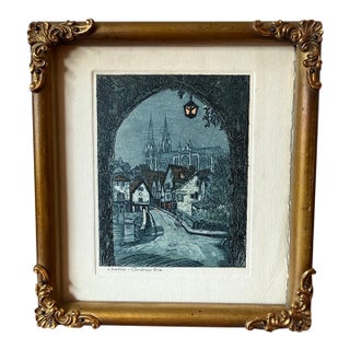 1930s Lucien Veder Aka Le Garf Hand Colored Etching of the Chartres Cathedral on Christmas Eve For Sale