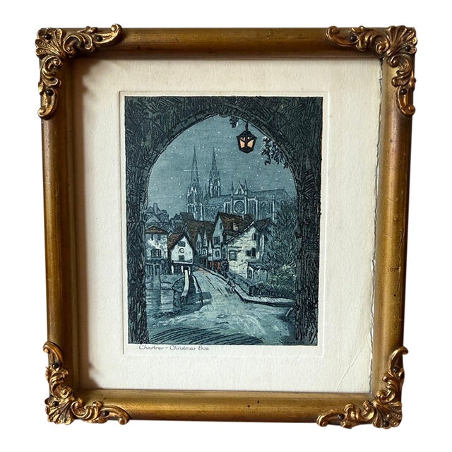 1930s Lucien Veder Aka Le Garf Hand Colored Etching of the Chartres Cathedral on Christmas Eve For Sale