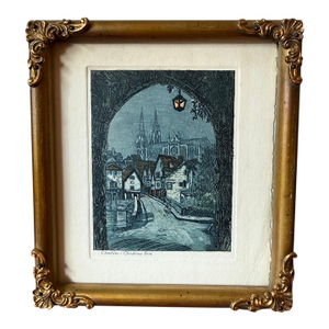 1930s Lucien Veder Aka Le Garf Hand Colored Etching of the Chartres Cathedral on Christmas Eve