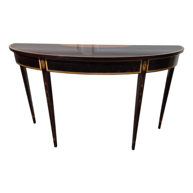 1980s Stickley Federal Style Demilune Mahogany Inlaid Yew Wood Hall Console Table For Sale