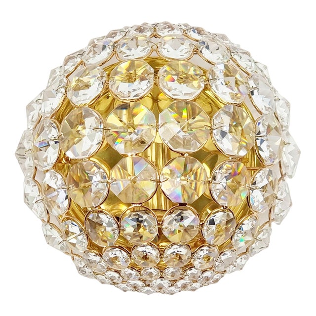 Crystal & Gilt Brass Flush Mount from Palwa, Germany, 1970s For Sale