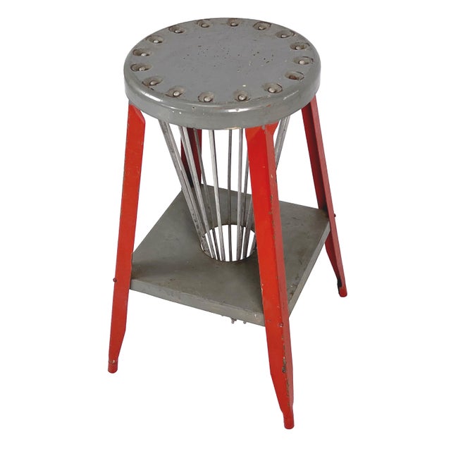 Vintage 1930s Industrial Painted Gray & Red Metal Stool With Built-In ...