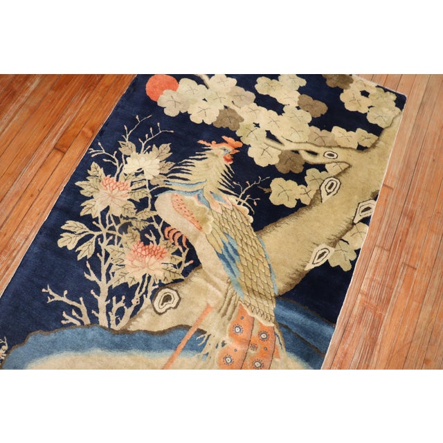 Navy Blue Tibetan Antique Rooster Pictorial Rug - 3'9" x 6' For Sale - Image 8 of 9