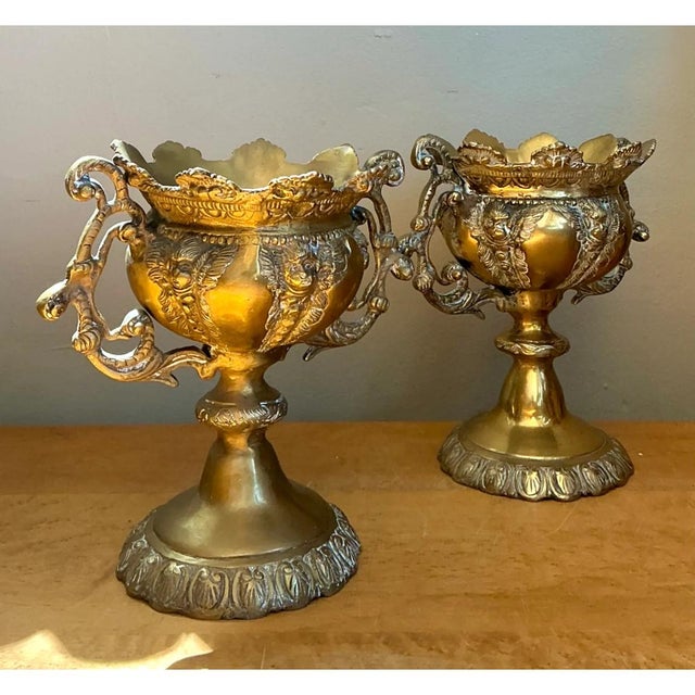 Vintage Brass Cherub Urns - A Pair For Sale - Image 9 of 12