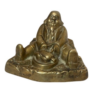 Large Antique Solid Bronze Brass Figural Writing Fat Man Eating Turkey Inkwell For Sale
