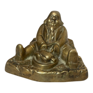 Large Antique Solid Bronze Brass Figural Writing Fat Man Eating Turkey Inkwell