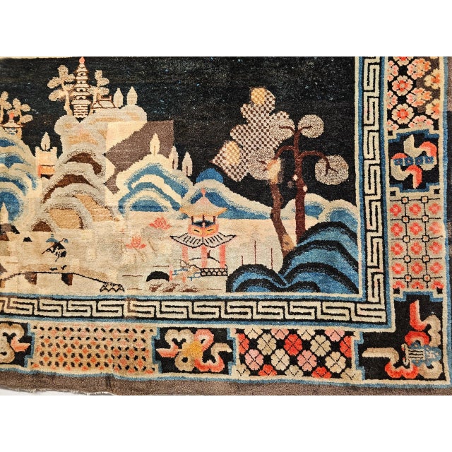 Antique Ningxia Pictorial Rug, Wool Pile, Scenic Landscape, Western China, 1890s For Sale - Image 10 of 12