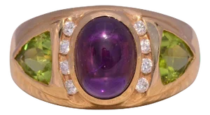 The Pum: Vintage 1980's Amethyst, Peridot, and Natural Diamond Ring in Yellow Gold