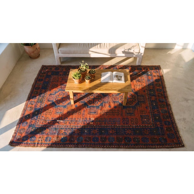 Raspberry Red 1930s Red Rust Geometric Tribal Hand Knotted Antique Caucasian Kazak Rug 6' X 7' Wool Carpet For Sale - Image 8 of 9