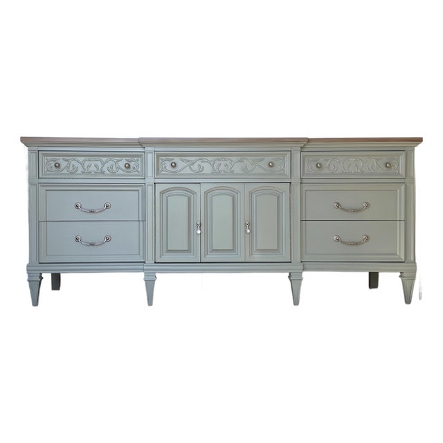 1980s Professionally Refinished Thomasville Solid Wood Sideboard in Sage Green For Sale