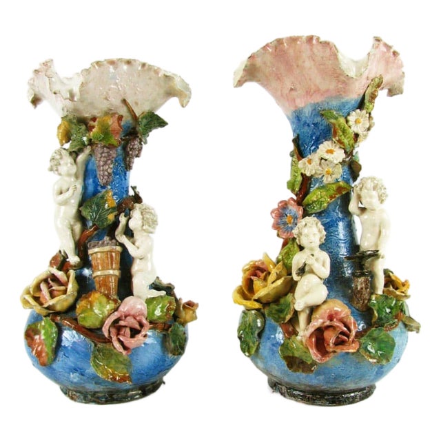 Liberty Vases in Polychrome Ceramic, 1890s, Set of 2 For Sale