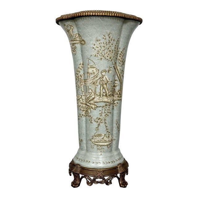Late 20th Century Wong Lee Toile Porcelain and Bronze Ormolu Tall Vase For Sale