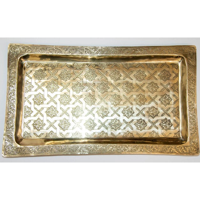Large antique 1940s Moroccan Rectangular Polished Brass Serving Tray with Moorish geometric design. Moroccan Moorish...