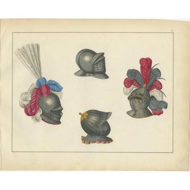 Title: 19th-Century Hand-Coloured Lithograph of Ornate Knightly Helmets with Plumes : This beautiful hand-coloured...