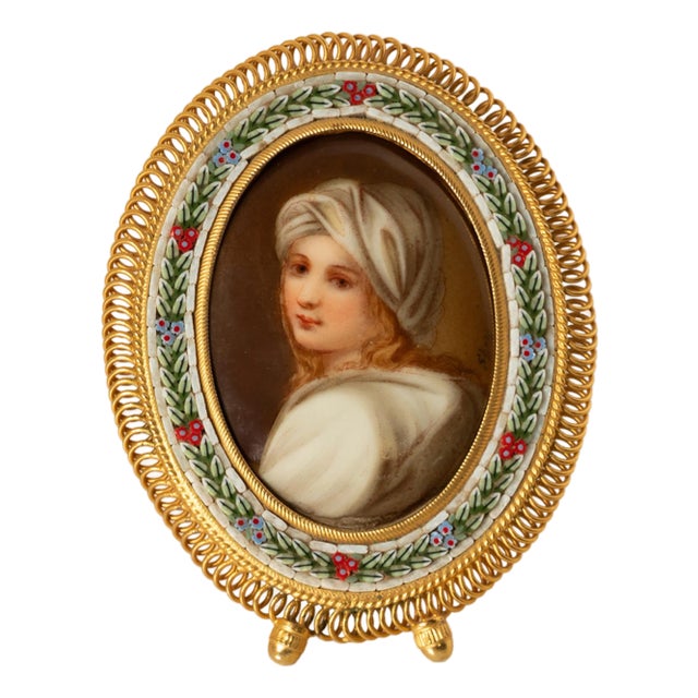 Antique Italian Micro Mosaic Miniature Portrait Painting Porcelain Guido Reni, 1895 For Sale