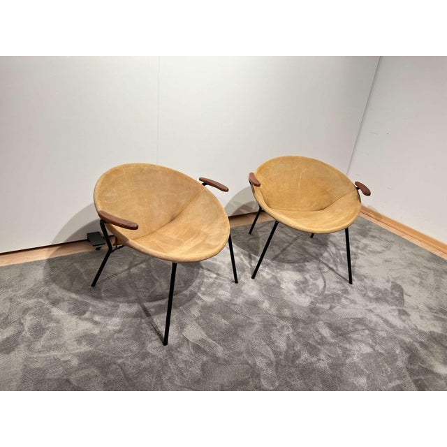 Pair of 1960s ‚balloon’ lounge chairs (2) by hans olsen (design 1955). Original yellow suede leather. Black lacquered...