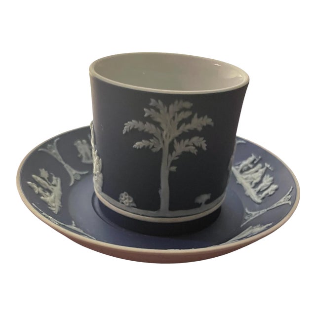 Antique 19th/Early 20th Century Wedgwood Jasperware Demitasse Cup/Saucer Cobalt Blue For Sale