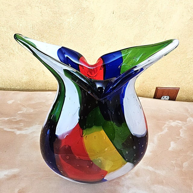 White Murano‑Style Multicolored Hand‑Blown Art Glass Vase, 13" For Sale - Image 8 of 18