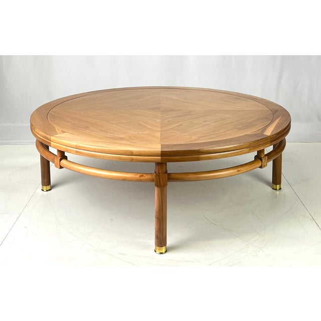 Brown Mid-Century Modern "Medallion Limited" Four-Pie Wood Coffee Table With Brass Ferrules For Sale - Image 8 of 13