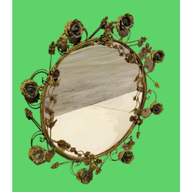 Rustic European Vintage Italian Tole Mirror With Verdigris Finish Roses on Vine For Sale - Image 3 of 9