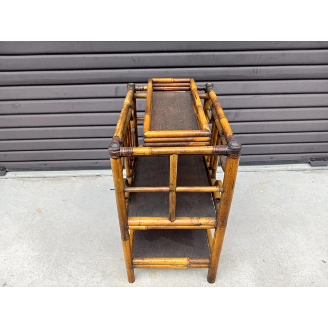 1940s Burnt Bamboo 2 Tier Magazine Stand With Sliding Tray at Top For Sale - Image 14 of 17