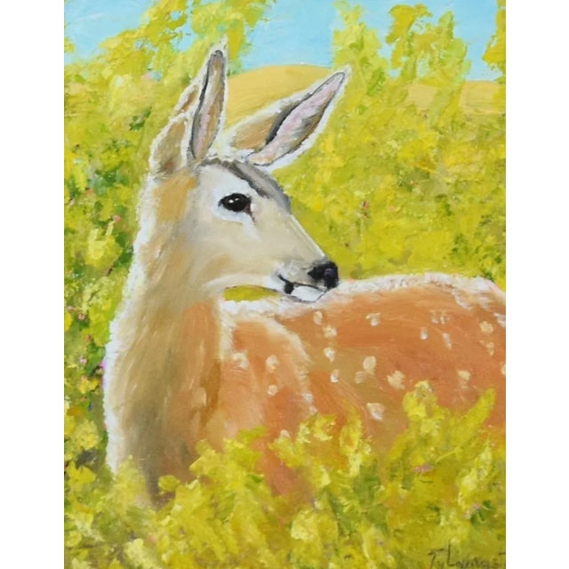 Fawn Deer Wildlife Nature Portrait Landscape Oil Painting Including the Antiqued Gold Wood Frame For Sale - Image 4 of 7