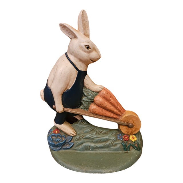 Vintage Cast Iron Gardening Rabbit With Wheelbarrow Doorstop/Bookend For Sale