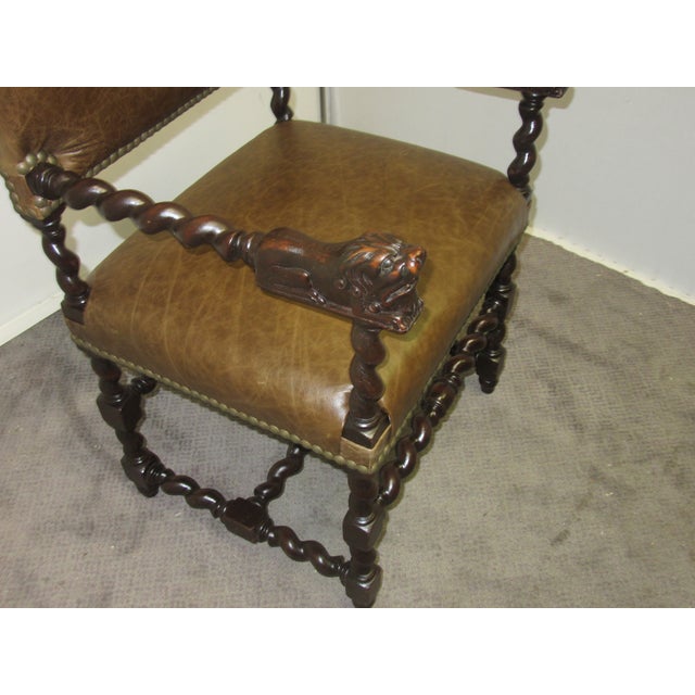 Antique English Barley Twist Leather Desk Chair With Brass Nail Heads | Chairish