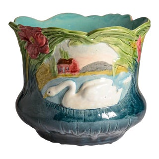 Majolica Swan Art Nouveau Planter/Cache Pot, France, C.1890-1900 For Sale