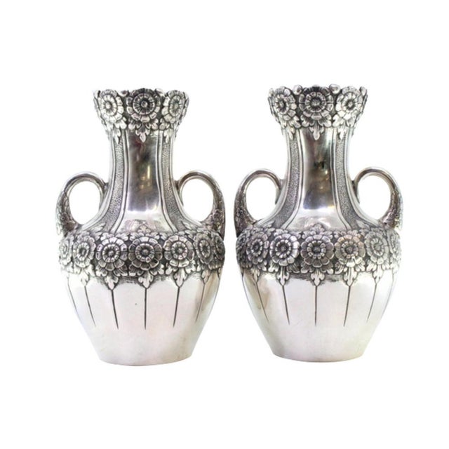 Small Silver Vases with Floral Motifs and Embossed Garlands, Set of 2 For Sale - Image 6 of 6