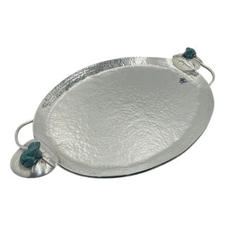 1980s Whimsical Silver-Plate & Malachite Serving Tray by Emilia Castillo, Mexican Art For Sale