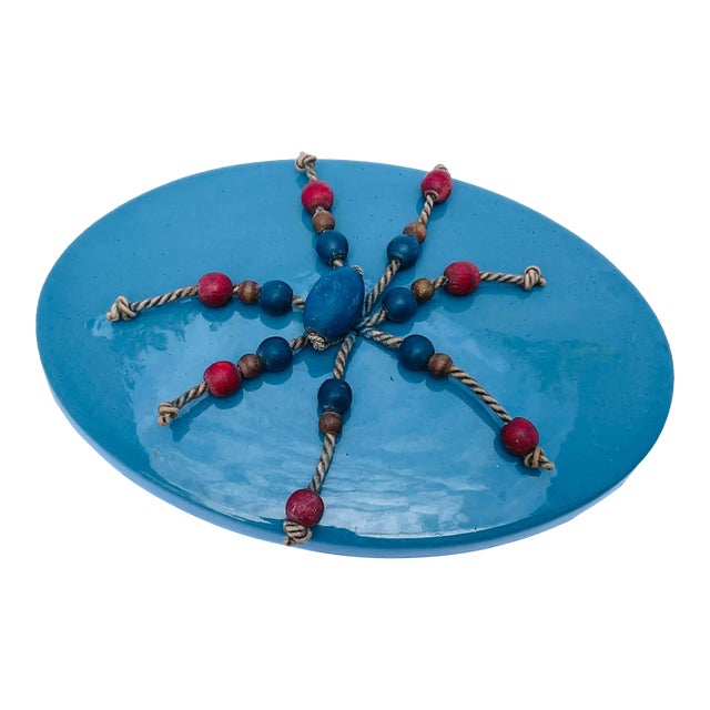 Antique Dux Blue Porcelain Lidded Catchall With Wooden Beads For Sale