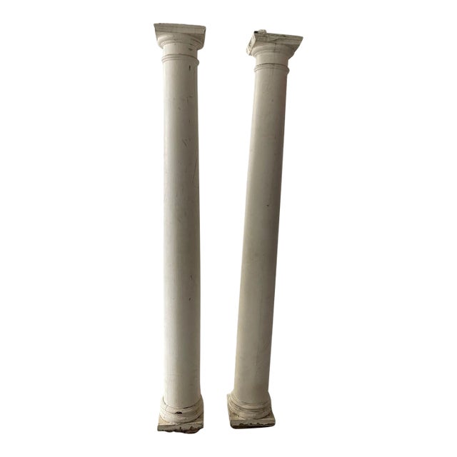 Pair of Painted Wood Full-Length Columns with Capitals and Bases, 19th Century For Sale