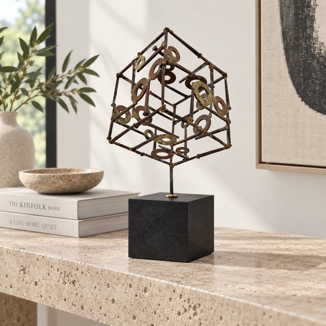 Abstract Constructivism Nails and Washers 3-D Metal Cube Sculpture in the Style of Silas Seandel Circa 1960s Measurements:...