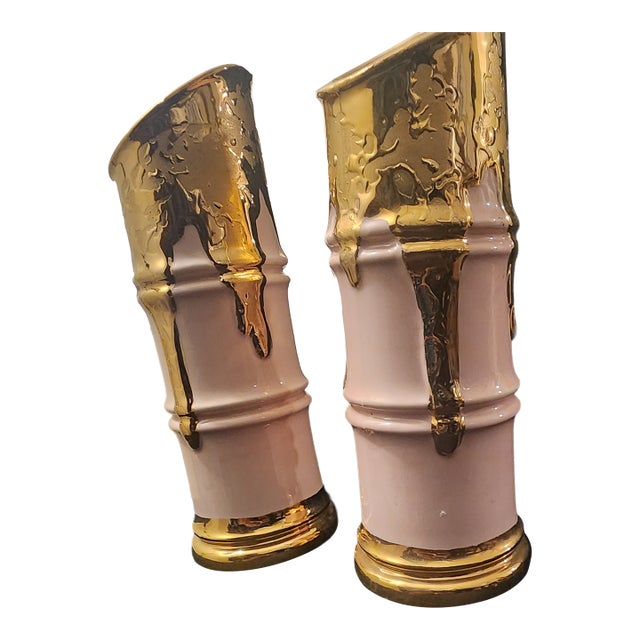 Pink and Gold China Bamboo Design Vase For Sale
