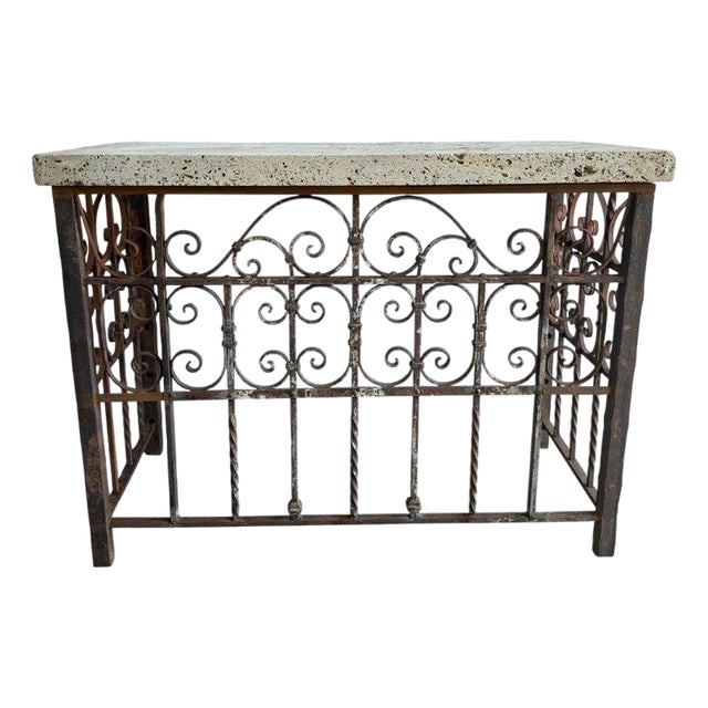 Spanish Revival Console Table - Fossilized Stone Top For Sale