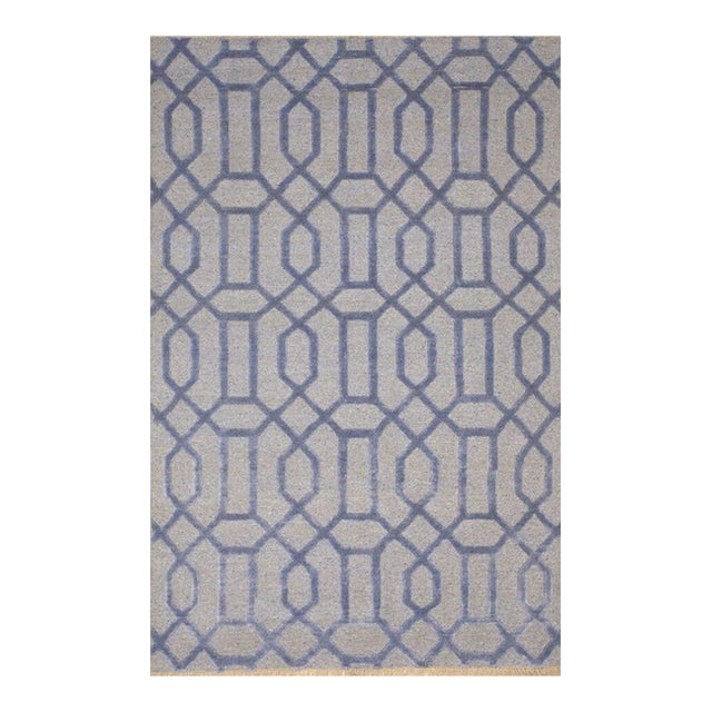 6x9 Classic Lush Blue Hand Knotted Wool & Viscose Interlocking Trellis Geometric Carpet Rug For Sale