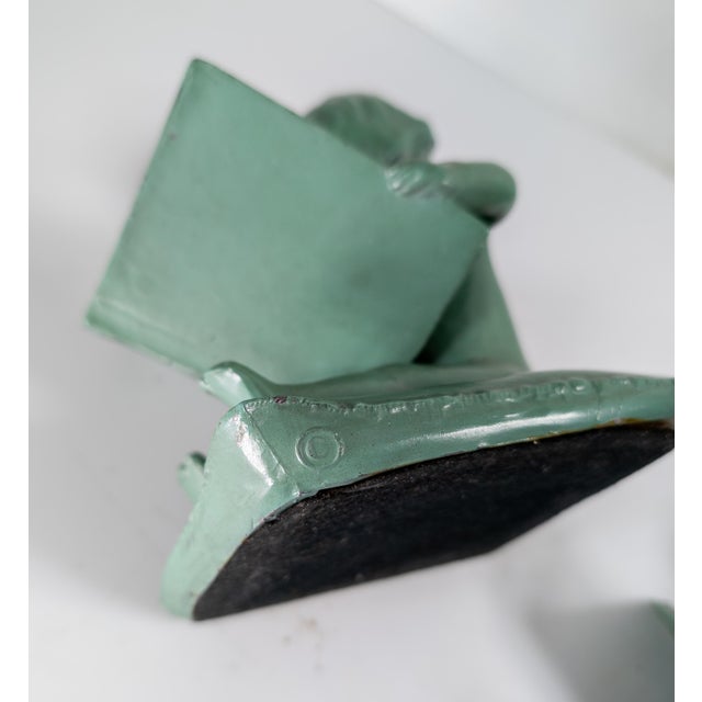 Early 20th Century Art Deco Pair of Verdigris Green Bookends of Girls Reading Attributed to FrankArt For Sale - Image 14 of 16